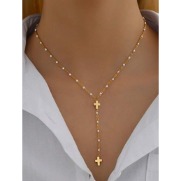 Collier femme en acier inoxydable et perles blanches avec croix-bijoux mode pas cher