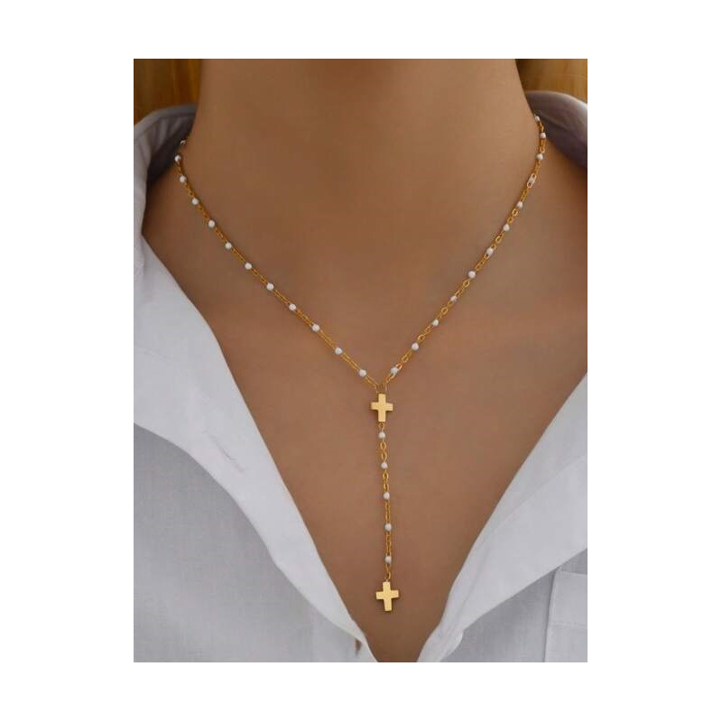 Collier femme en acier inoxydable et perles blanches avec croix-bijoux mode pas cher