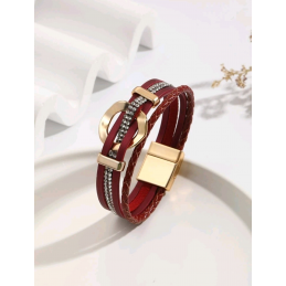 Bracelet multicouche en cuir rouge et strass. Bijoux fantaisie Plérin