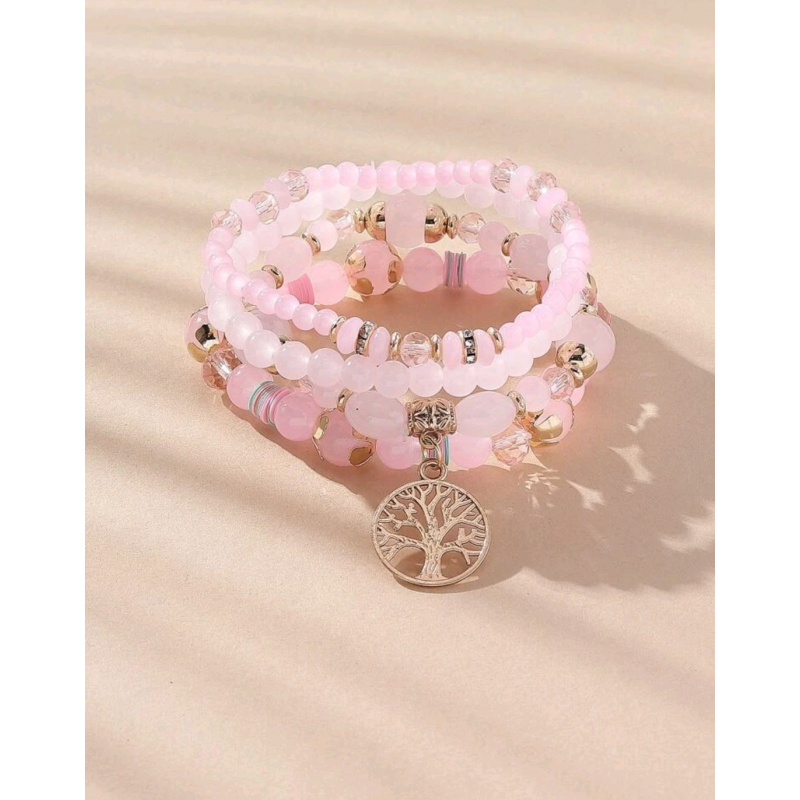 Set de 4 bracelets perlés rose pâle, breloque arbre de vie-bijoux fantaisie pas cher Plérin