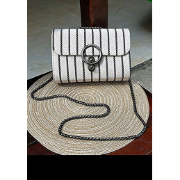 sac minimaliste en tissu coton haute qualité, bandoulières en chaine, couleur blanc et rayures verticales noires-sacs femme