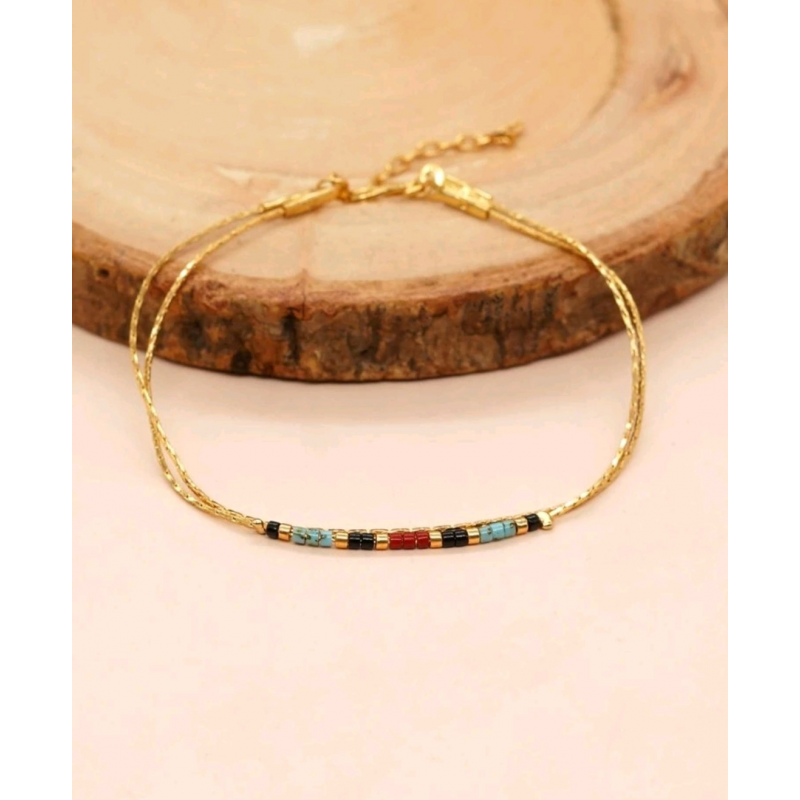 bracelet en acier inoxydable double couche avec des petites perles fantaisie turquoise-bijoux fantaisie pas cher