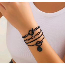 Ensemble bracelets fantaisie femme noire pas cher-set bracelets 4 pièces mailles cubaines-bracelets ados